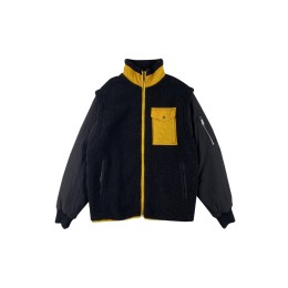 Fashionable design fake two-piece polar fleece jacket. Arm zipper pocket design. Contrast color snap button pocket on left chest. Metal zipper J1054 Fashionable design fake two-piece polar fleece jacket. Arm zipper pocket design. Contrast color snap button pocket on left chest. Metal zipper J1054